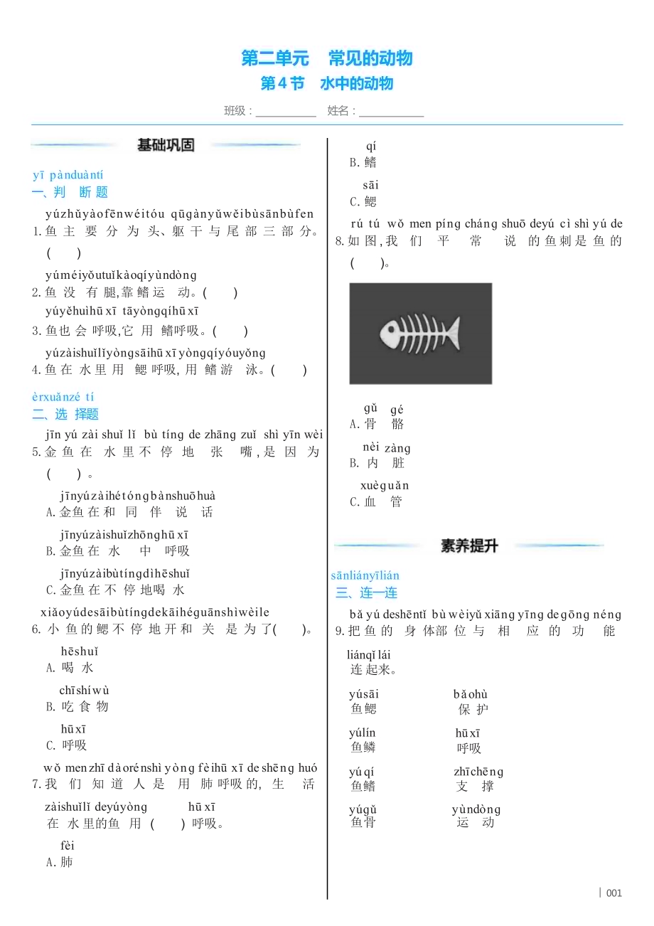 教科版（2024）科学一年级下册2 .4 水中的动物 同步练习（含答案）.docx_第1页