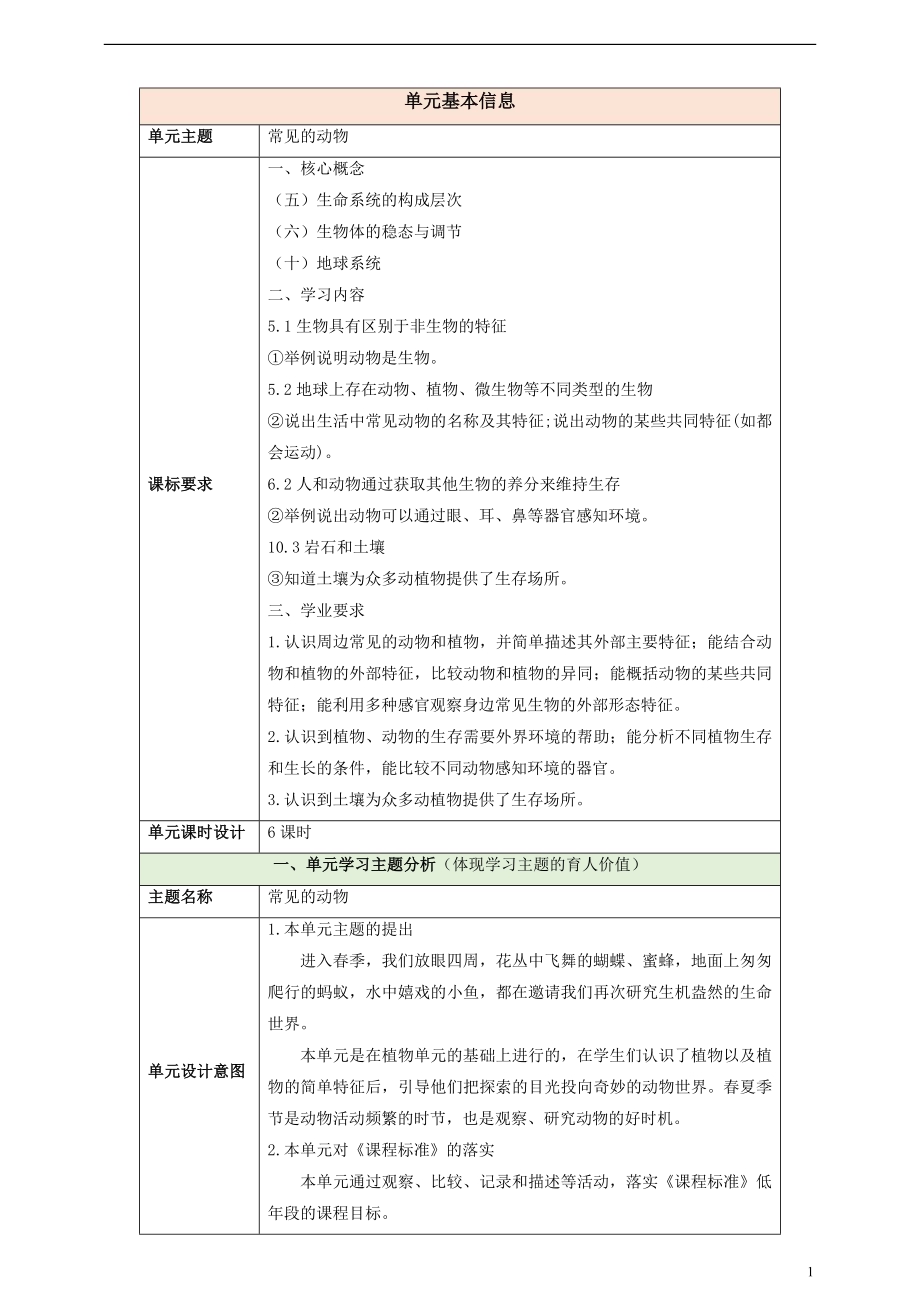 2025教科版一年级下册科学第二单元《常见的动物》整体设计.docx_第1页