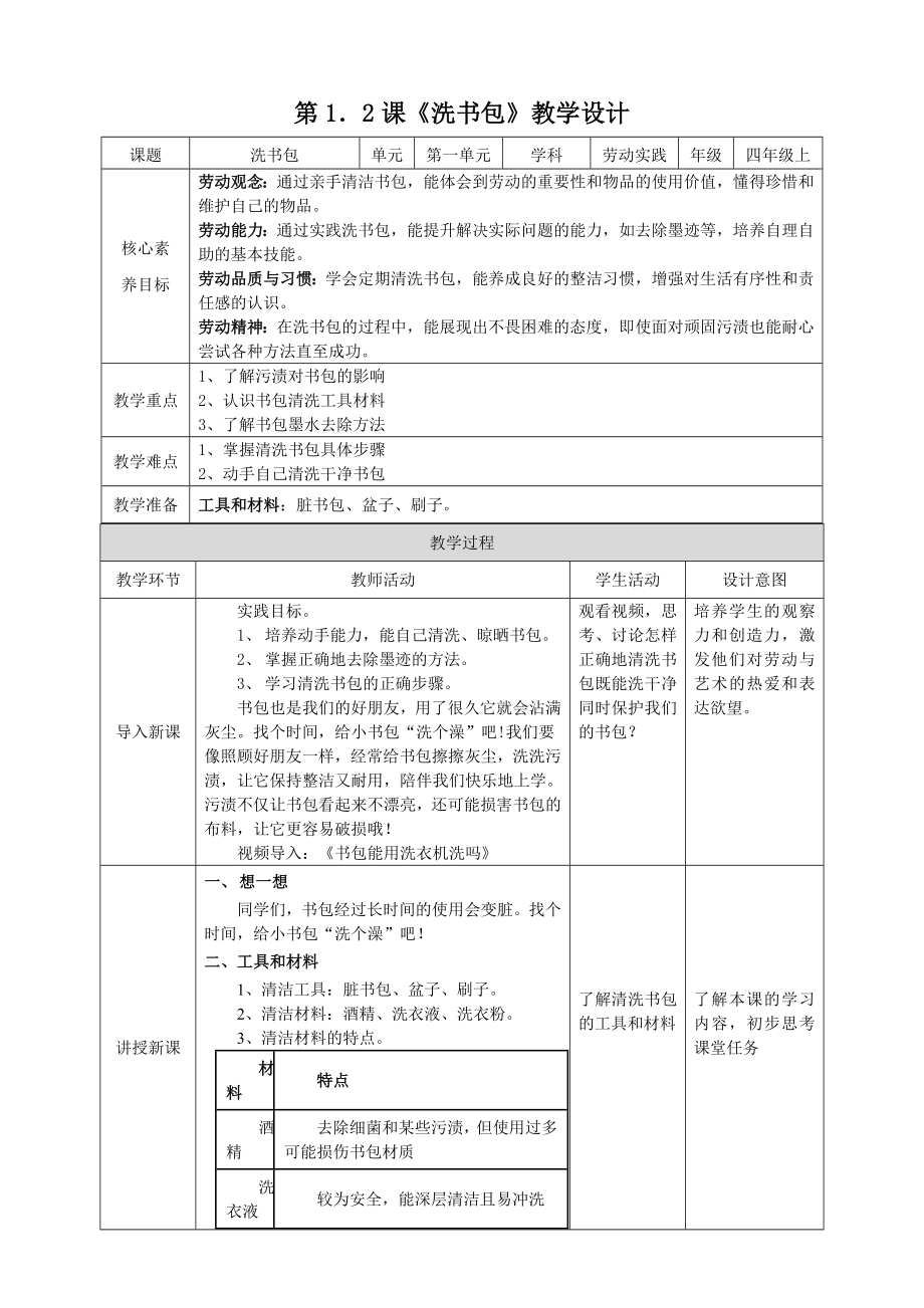 湘教版四年级上劳动实践指导专题1 任务2《洗书包》课件+教案+素材.rar