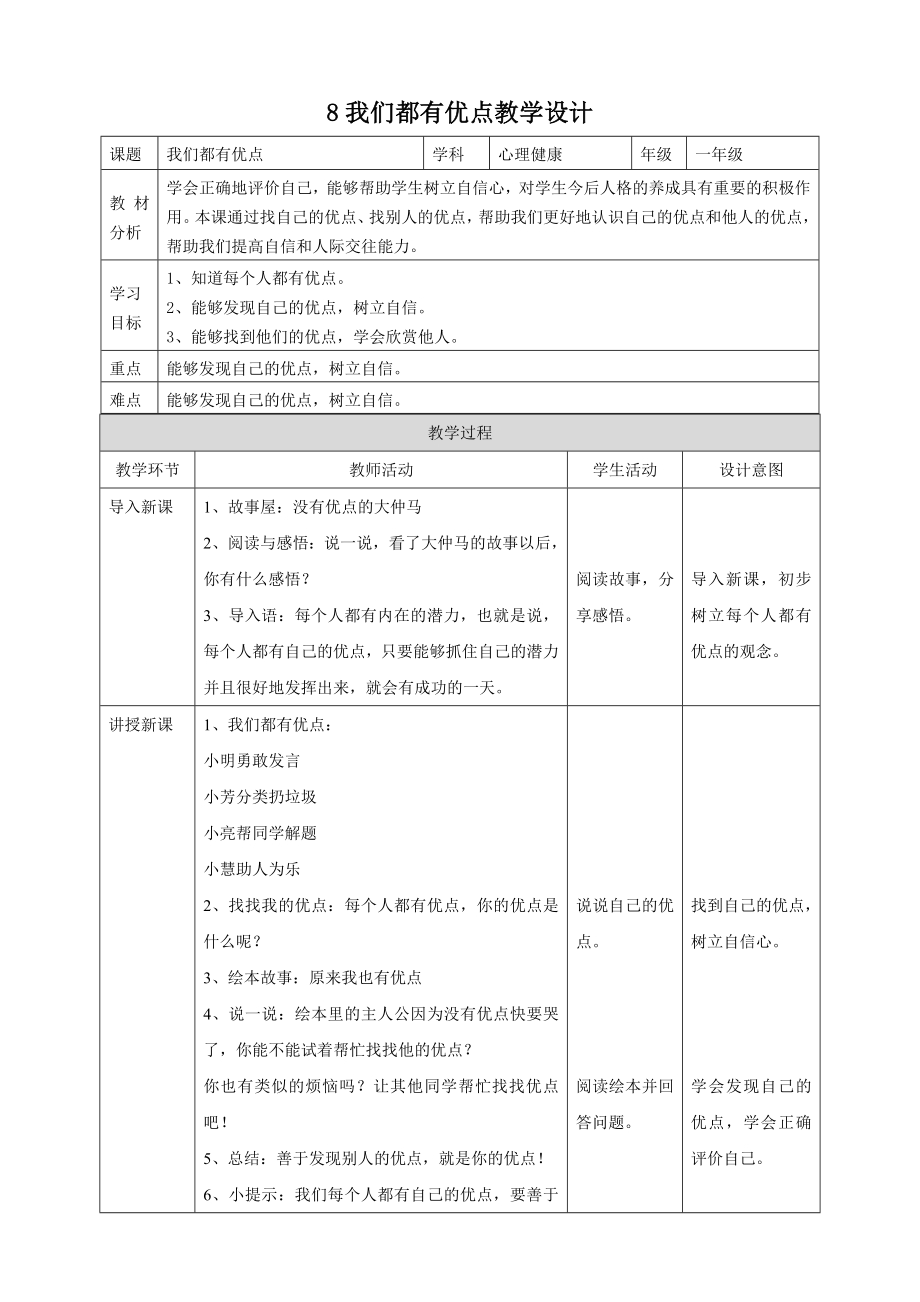 北师大版心理健康一年级上册第8课 我们都有优点 教学设计.doc_第1页